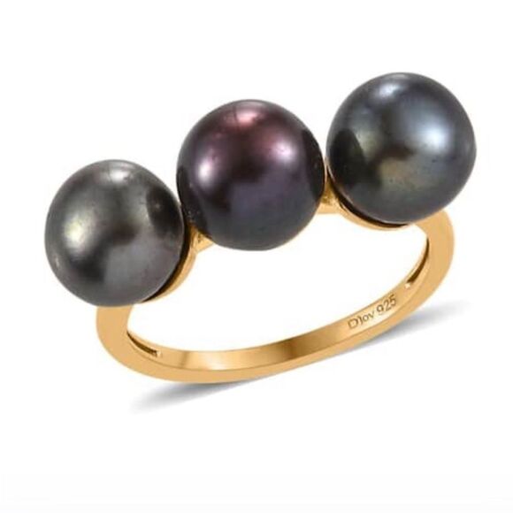 Peacock Pearl 3 Stone Ring 14kYG over 925 silver 9 - Picture 3 of 15